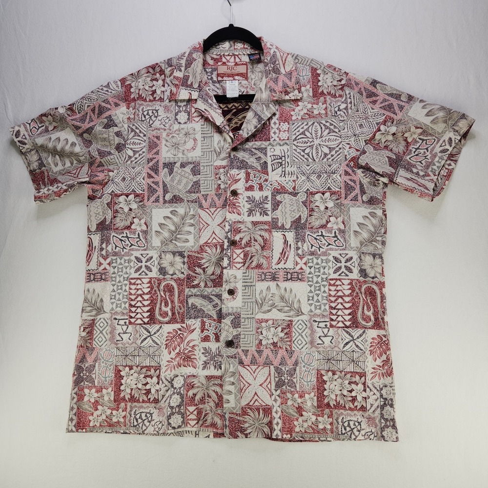 VTG RJC Shirt Mens Large Red White Surf Aloha Hawaiian Beach Tiki 90s